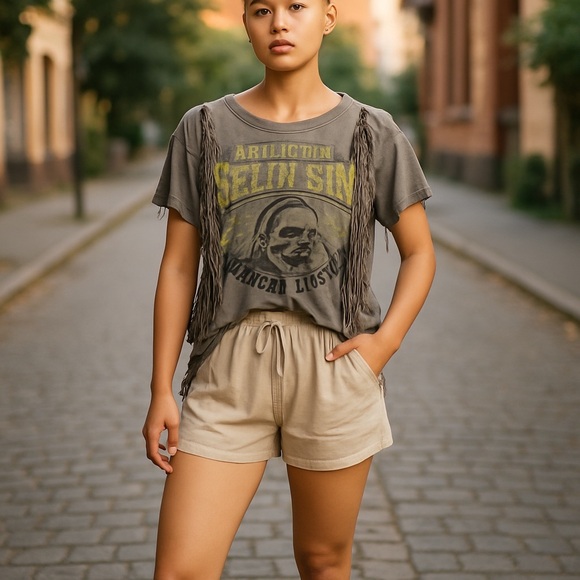 Affliction Gray Fringe Graphic Top size Small - Picture 1 of 8